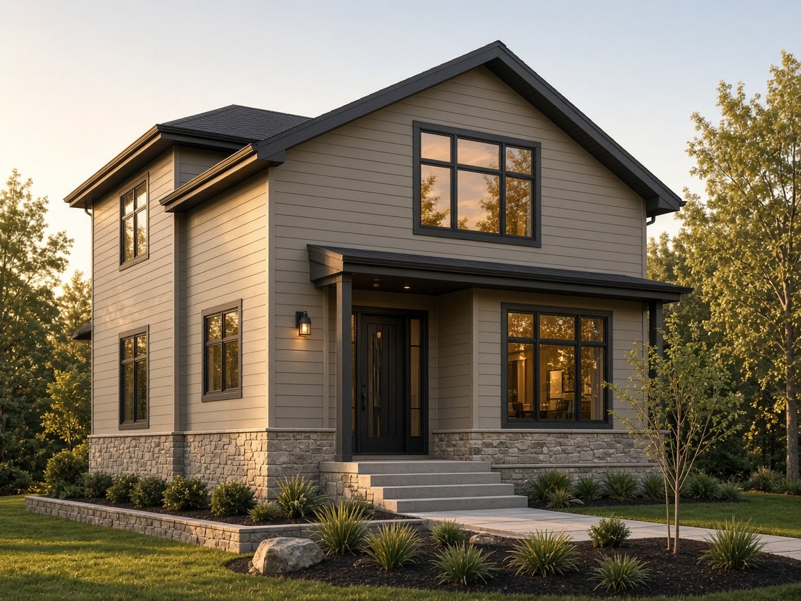 Two-story home with taupe fiber-cement lap siding and a stone foundation